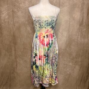 Lapis Floral Print Tie Dye Smocked Midi Dress Sequin Empire Waist Multicolor